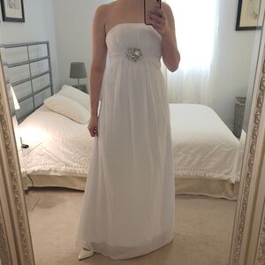 White Chiffon Strapless Wedding Dress With Empire Waist And Lace-Up Back